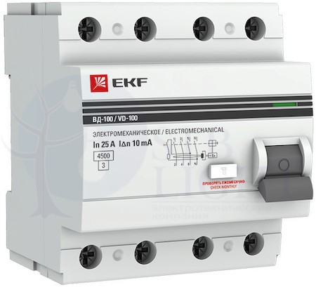 Устройство Защитного Отключения ВД-100 4P 63А/30мА (электр, тип А) PROxima EKF elcb-4-63-30-e-a-pro