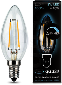 Лампа LED Filament Candle dimmable E14 5W 4100К 1/10/50 Gauss 103801205-D
