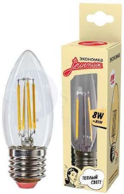 Лампа светодиодная филамент свеча 8Вт 720Лм 2700К E27 ЭКОНОМКА EcoLedFL8wCNE2727