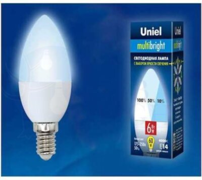 Лампа светодиодная с трехступенчатым диммером 100-50-10 LED 6вт 175-250В свеча 510Лм Е14 4000К Uniel Multibrigh Uniel UL-00002374