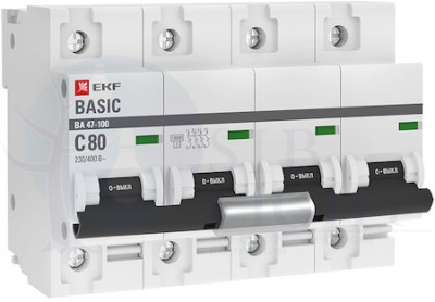 Автоматический выключатель 4P 80А (C) 10kA ВА 47-100 EKF Basic EKF mcb47100-4-80C-bas