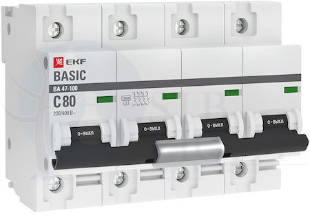 Автоматический выключатель 4P 80А (C) 10kA ВА 47-100 EKF Basic EKF mcb47100-4-80C-bas