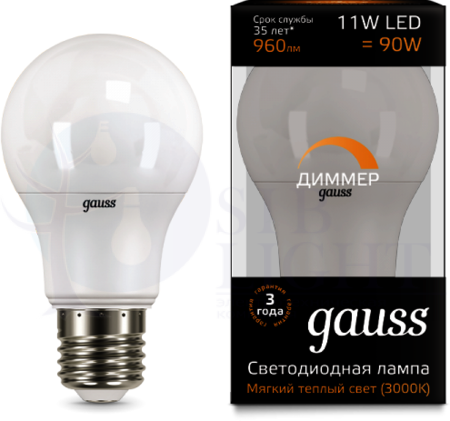 Лампа LED A60-dim E27 11W 3000К диммируемая 1/10/50 Gauss 102502111-D
