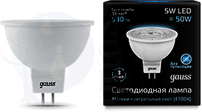Лампа LED LENS MR16 GU5.3 5W 4100K Gauss 101505205