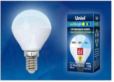 Лампа светодиодная с трехступенчатым диммером 100-50-10 LED 6вт 175-250В шар 510Лм Е14 4000К Uniel Multibrigh Uniel UL-00002376