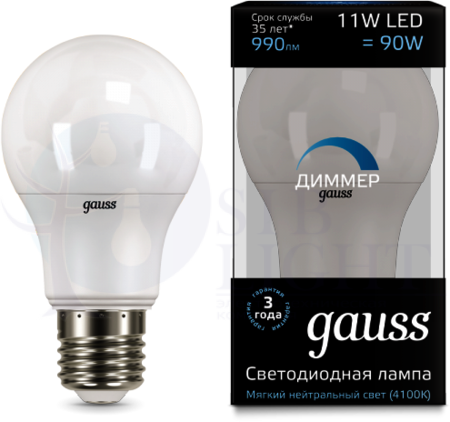 Лампа LED A60-dim E27 11W 4100К диммируемая 1/10/50 Gauss 102502211-D