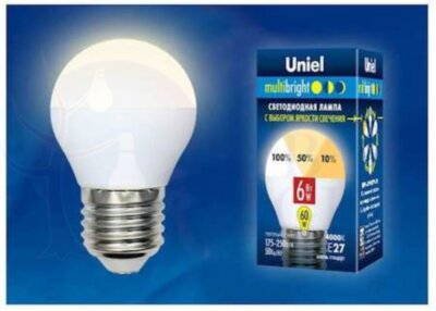 Лампа светодиодная с трехступенчатым диммером 100-50-10 LED 6вт 175-250В шар 510Лм Е27 3000К Uniel Multibrigh Uniel UL-00002377