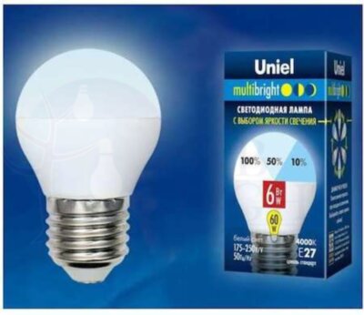 Лампа светодиодная с трехступенчатым диммером 100-50-10 LED 6вт 175-250В шар 510Лм Е27 4000К Uniel Multibrigh Uniel UL-00002378