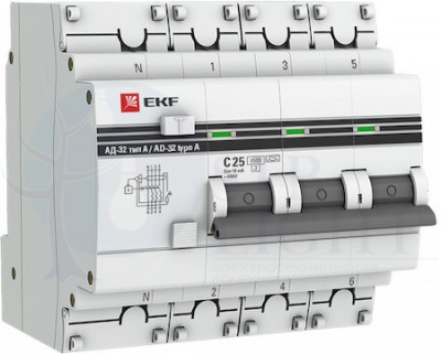 Дифференциальный автомат 3P+PE 32А PROxima АД-32 (тип AC, 4.5 кА) EKF DA32-32-30-4P-pro