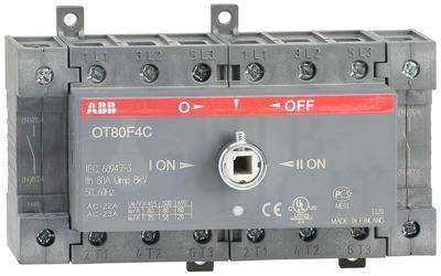 Реверсивный рубильник OT80F4C до 80А 4-полюсный для установки на DIN-рейку или монтажную плату (без ручки) ABB 1SCA105418R1001