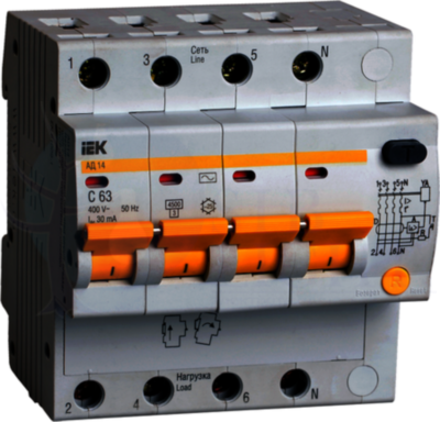 Дифференциальный автомат 4P 10А 30 мА (тип AC) IEK MAD10-4-010-C-030