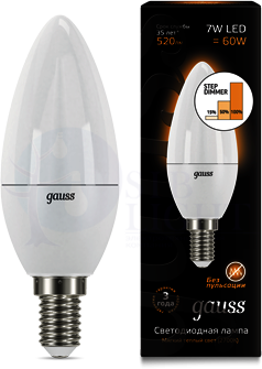Лампа LED Candle E14 7W 3000K step dimmable 1/10/100 Gauss 103101107-S