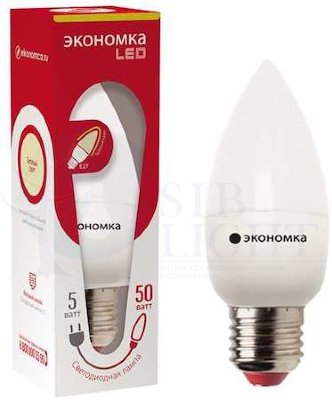 Лампа светодиодная свеча 5Вт 450Лм 230В 3000К E27 ЭКОНОМКА Eco_LED5wCNE2730