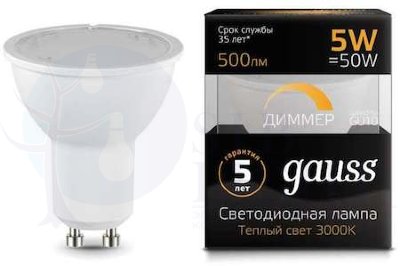Лампа LED MR16 GU10-dim 5W 3000K диммируемая 1/10/100 Gauss 101506105-D