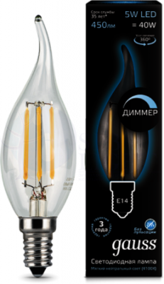Лампа LED Filament Candle tailed dimmable E14 5W 4100K 1/10/50 Gauss 104801205-D