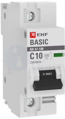 Автоматический выключатель 1P 10А (C) 10kA ВА 47-100 EKF Basic EKF mcb47100-1-10C-bas