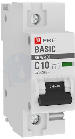 Автоматический выключатель 1P 10А (C) 10kA ВА 47-100 EKF Basic EKF mcb47100-1-10C-bas