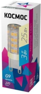 Лампа светодиодная LED 3Вт 220В G9 3000К КОСМОС LksmLED3WG9C3000pc КОСМОС LksmLED3WG9C3000pc