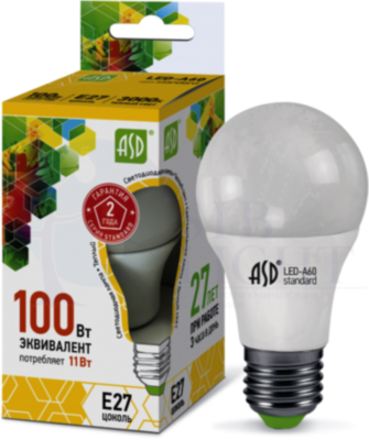Лампа светодиодная LED-A60-standard 11Вт грушевидная 3000К тепл. бел. E27 990лм 160-260В ASD 4690612001739