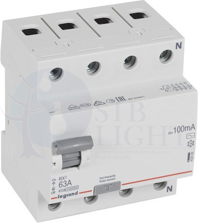 Выключатель дифференциального тока 4P 63А 0.1А RX3 (тип AC) Legrand 402068