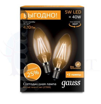 Лампа Gauss Filament Свеча E14 5W 2700К 2/50