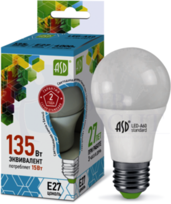 Лампа светодиодная LED-A60-standard 15Вт грушевидная 4000К белый E27 1350лм 160-260В ASD 4690612002101