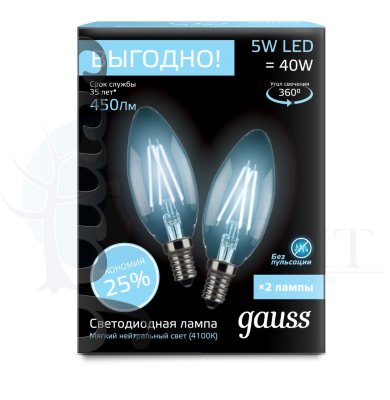 Лампа Gauss Filament Свеча E14 5W 4100К 2/100