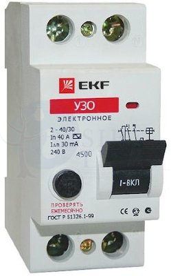 Устройство защитного отключения УЗО 2P 40А/30мА (электронное) EKF elcb-2-40-30e
