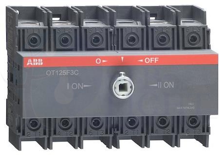 Реверсивный рубильник OT125F3C до 125А 3-полюсный для установки на DIN-рейку или монтажную плату (без ручки) ABB 1SCA105037R1001