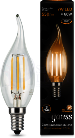 Лампа LED Filament Candle tailed E14 7W 2700К 1/10/50 Gauss 104801107