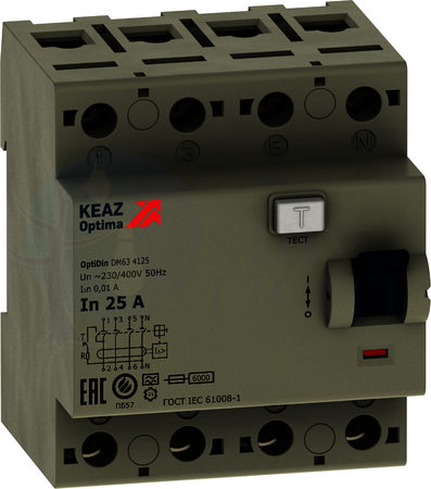 Выключатель дифференциального тока 4P 40А 100мА OptiDin (тип AC) КЭАЗ 254212