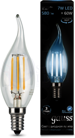 Лампа LED Filament Candle tailed E14 7W 4100К 1/10/50 Gauss 104801207