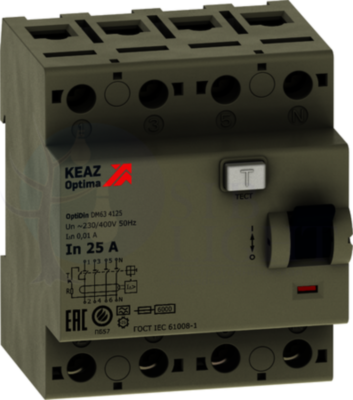 Выключатель дифференциального тока 4P 63А 30мА OptiDin (тип AC) КЭАЗ 254221