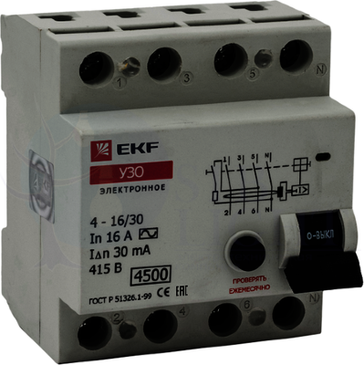Устройство защитного отключения УЗО 4P 16А/30мА (электронное) EKF elcb-4-16-30e
