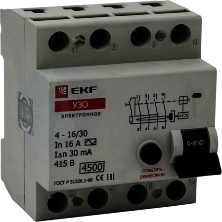 Устройство защитного отключения УЗО 4P 16А/30мА (электронное) EKF elcb-4-16-30e