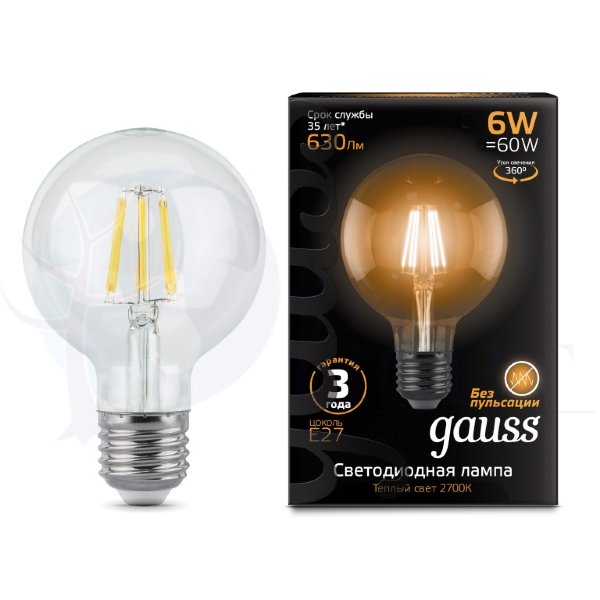 Лампа Gauss LED Filament G95 E27 6W 630lm 2700K 1/20