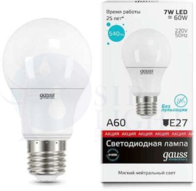 Лампа LED Elementary A60 7W E27 4100K 1/100 Gauss 23227A