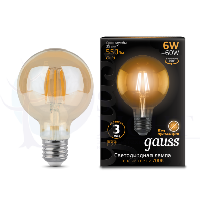 Лампа Gauss LED Filament G95 E27 6W Amber 550lm 2400K 1/20
