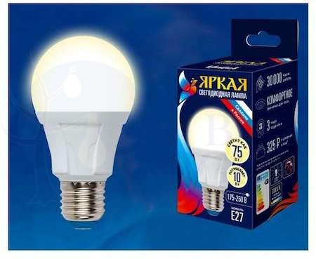 Лампа светодиодная LED 10вт 175-250В форма А 850Лм Е27 3000К Uniel ЯРКАЯ Uniel UL-00001524