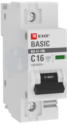 Автоматический выключатель 1P 16А (C) 10kA ВА 47-100 EKF Basic EKF mcb47100-1-16C-bas