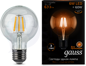 Лампа LED Filament G95 E27 6W 2700K 1/20 Gauss 105802106