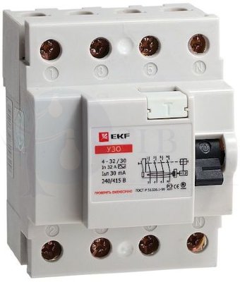 Устройство защитного отключения УЗО 4P 63А/30мА (электромеханическое) EKF elcb-4-63-30-em
