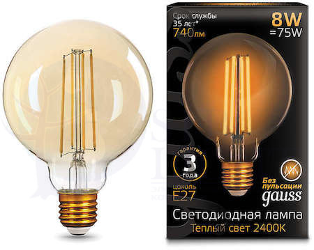 Лампа LED Filament G95 E27 8W Golden 2400К 1/20 Gauss 105802008