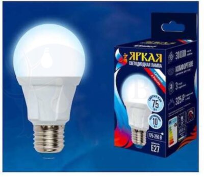 Лампа светодиодная LED 10вт 175-250В форма А 850Лм Е27 6500К Uniel ЯРКАЯ Uniel UL-00002004