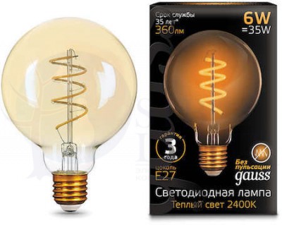Лампа LED Filament G95 Flexible E27 6W Golden 2400К 1/20 Gauss 105802007