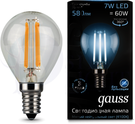 Лампа LED Filament Globe E14 7W 4100K 1/10/50 Gauss 105801207