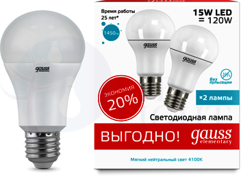 Лампа Gauss Elementary LED A60 15W E27 4100K 2/100 (2 лампы в упаковке)