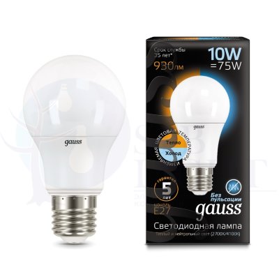 Лампа Gauss LED A60 10W E27 930lm 3000K/4100K CTC 1/10/50